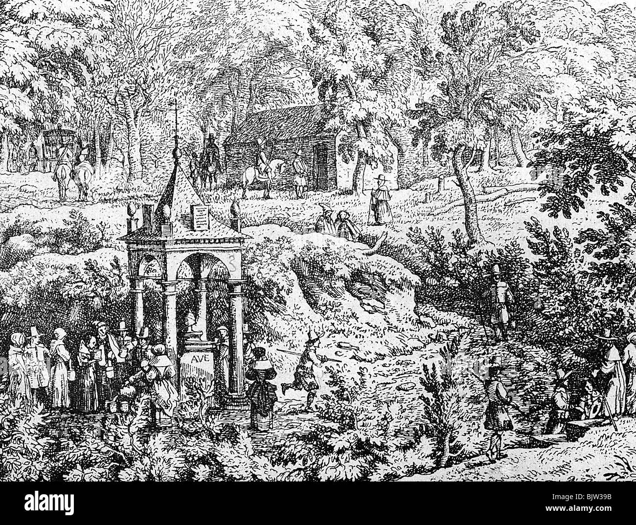 bathing, spa / health resort, patients at a Dutch spa, 17th century, etching by Allart van Everdingen (1621 - 1675), cure, Netherlands, Holland, well, resorts, historic, historical, people, Stock Photo