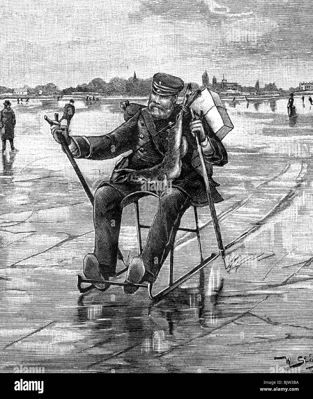 mail / post, postman, crossing the Tegel lake with sleigh, after drawing by Willy Stöwer, wood engraving, 19th century, historic, historical, postman, mailman, postmen, mailmen, stick, sticks, oddity, vehicle, vehicles, people, Stock Photo
