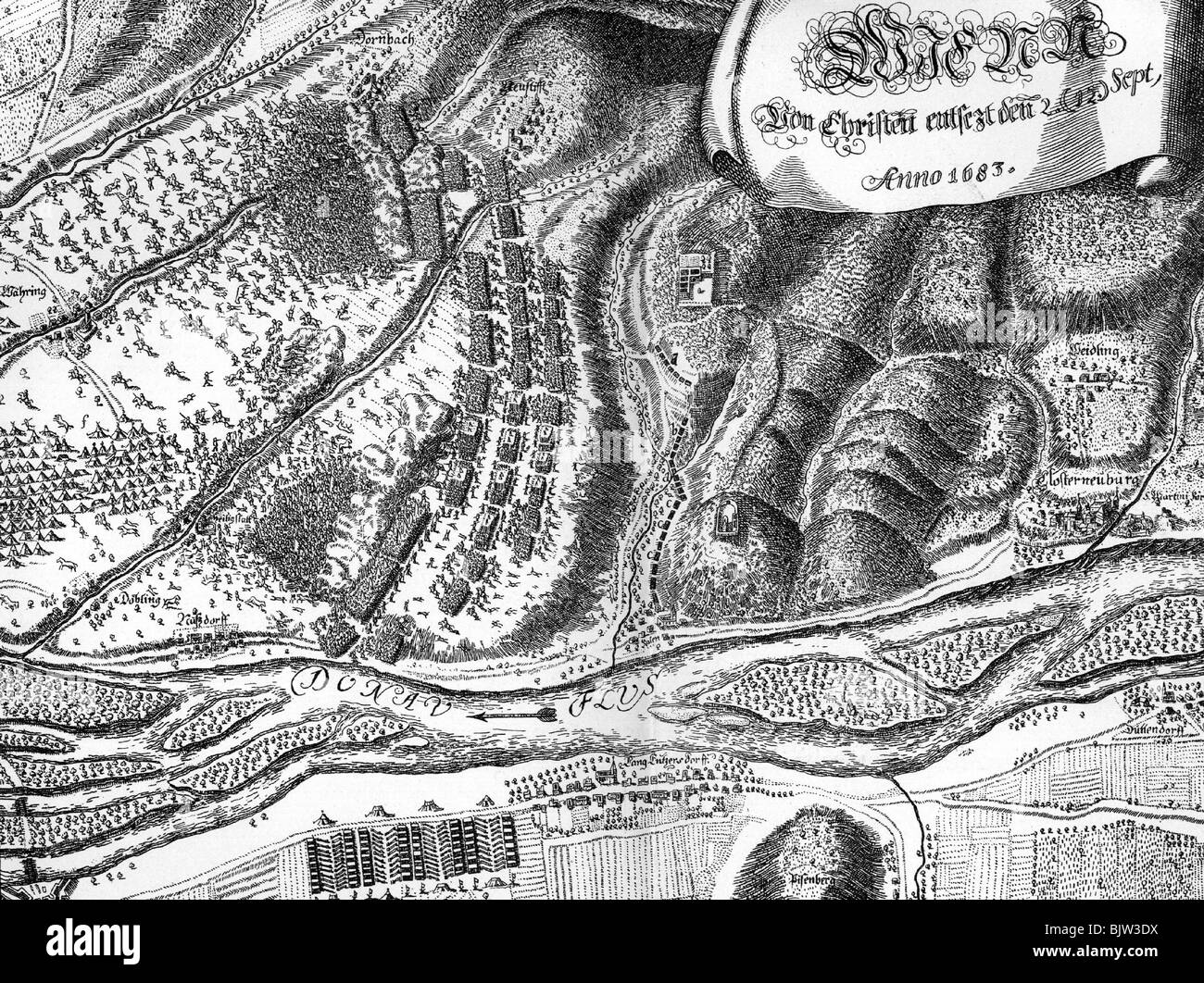 events, Turkish-Austrian War 1683 - 1689, Battle of Vienna at Kahlen Berg, 12.9.1683, plan of the battle, contemporary copper engraving by Daniel Suttinger, 17th century, historic, historical, Austria, siege, victory of the confederation army from Poland, Bavaria, Saxony, Franconia and Imperial troops under King Kohann II Sobiesky of Poland over the Turkish under Grand Vezir Merzifonlu Kara Mustafa Pasha, Ottoman Empire, Christians against Moslem, Muslim, Moslems, Muslims, defeat of Ottomans, Danube River, Doebling, Heiligenstadt, Neustift, Klosterneuburg, camp, Stock Photo