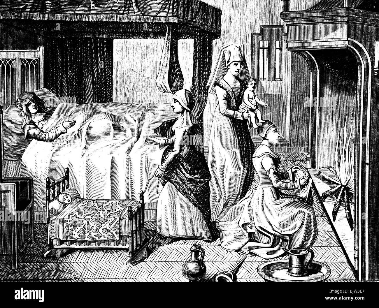 medicine, birth, after childbearing, engraving after medieval miniature, circa 13th century, historic, historical, childbirth, puerperal, midwife, midwives, woman in childbed, women in childbed, cradle, cradles, bed, bedroom, chimney, chimneys, medieval times, Middle Ages, people, Stock Photo