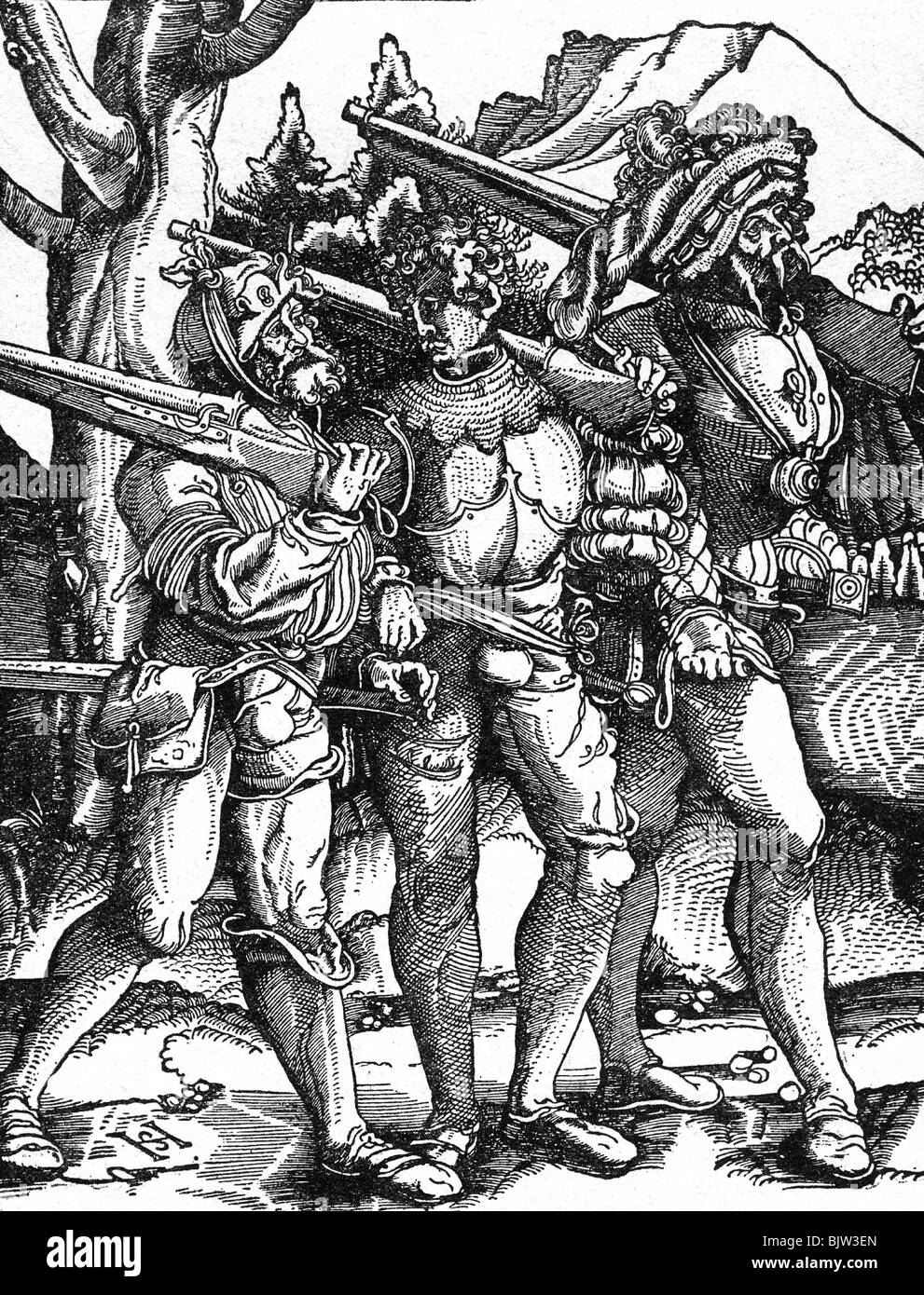 military, landsknechts, riflemen with arquebuses, woodcut, 16th century, historic, historical, arquebusier, firearms, firearm, codpiece, soldiers, fighters, warriors, Renaissance, fine arts, harkbus, harquebus, arquebusier, landsknecht, mercenaries, mercenary, people, Stock Photo