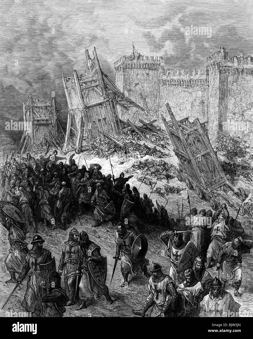 Middle Ages, crusades, First Crusade 1096 - 1099, siege of Jerusalem, 7.6. - 15.7.1099, the repelled attack of 13.6.1099, wood engraving by Quesnel after drawing by Gustav Dore, to: Joseph Francois Michaud 'Histoire des croisades', 1875, Artist's Copyright has not to be cleared Stock Photo