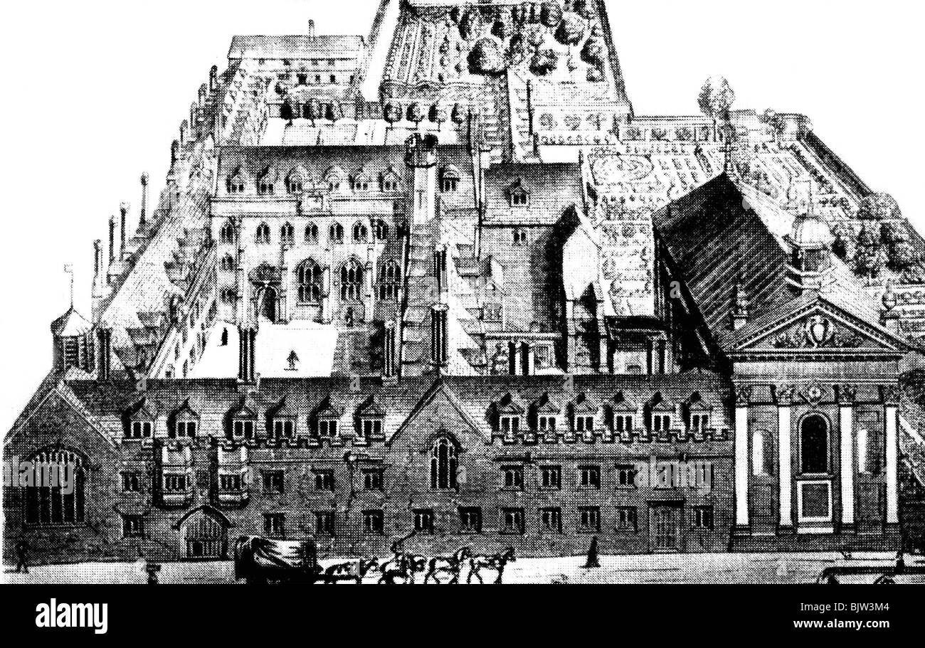 education, universities, Pembroke College in Cambridge, engraving, 17th century, historic, historical, university, building, architecture, England, Great Britain, people, Stock Photo