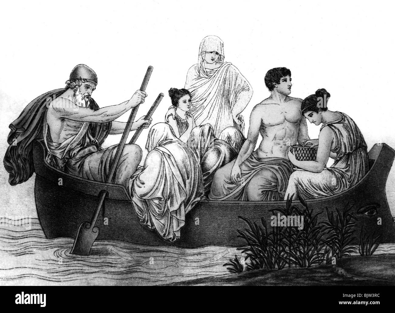 Charon, Greek legendary figure, ferryman of the underworld, transporting shades of the decedents over the Archeron, Kozytus and Styx, lithograph by H. Bretter, after painting by Polygnotos, Stock Photo