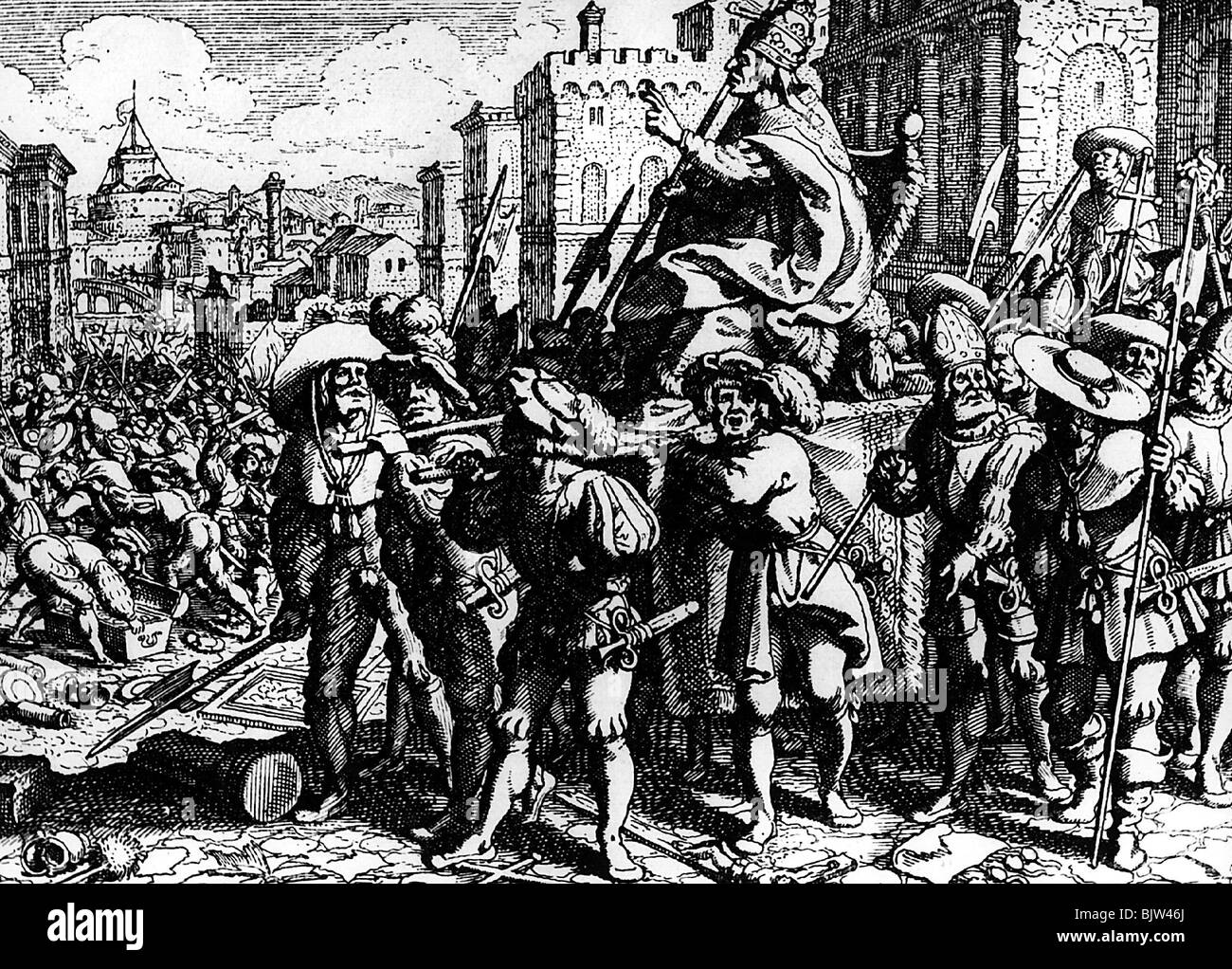 Italian Wars 1494 - 1559,  'Sacco di Roma', 1527, conquest by imperial troops, German lansquenets ridiculing the pope, copper engraving, chronicle by Gottfried, Frankfurt, 1619, Stock Photo