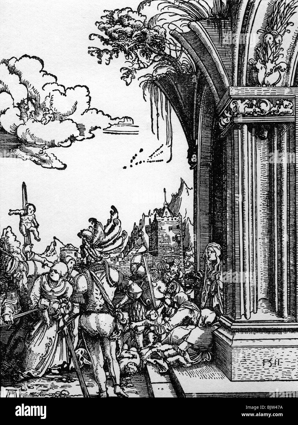 religion, Christianity, biblical scene, child murder of Bethlehem, woodcut by Albrecht Altdorfer, 1511, Stock Photo