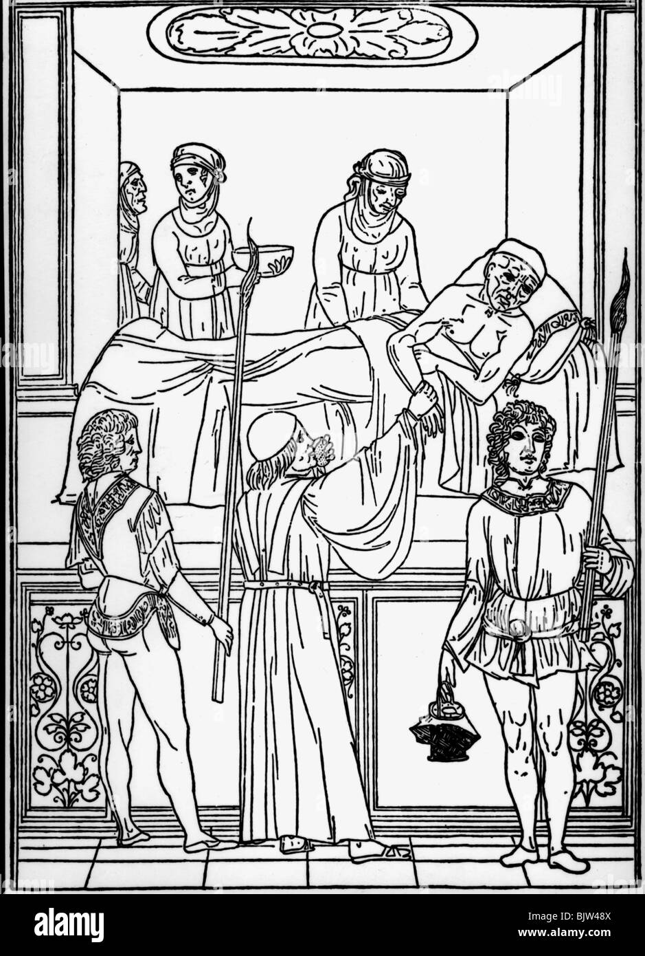medicine, pandemic disease, plague, doctor visiting a plague-infected patient, woodcut, circa 1500, Stock Photo