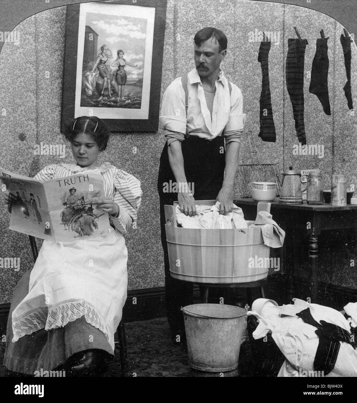 'The New Woman, Wash Day'.Artist: American Stereoscopic Company Stock Photo