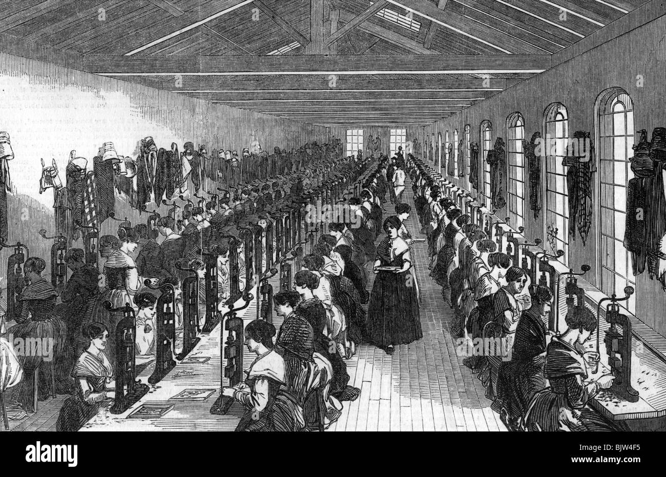 industry, female workers, factory, Birmingham, wood engraving, 1851, Stock Photo