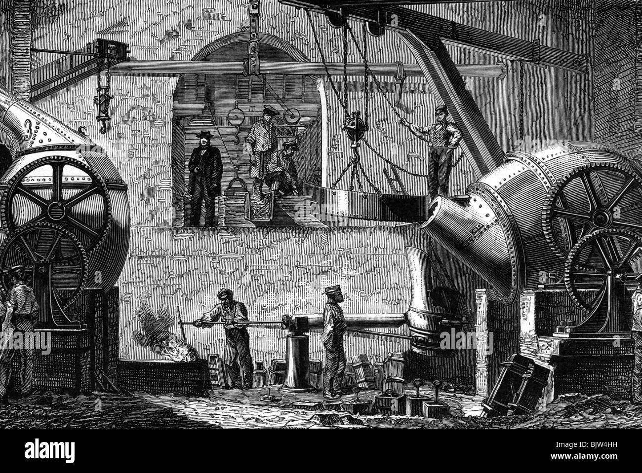 industry, metal, steel, cast steel works, Bessemer converter, wood engraving, 'Buch der Erfindungen', published by Otto Spamer, Leipzig, 1872,  , Stock Photo