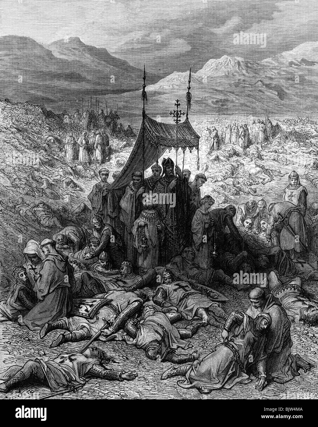 Middle Ages, crusades, First Crusade 1096 - 1099, Battle of Antioch, 28.6.1098, burial of the dead, wood engraving by Quesnel after drawing by Gustav Dore, 'Histoire des croisades' by Joseph Francois Michaud, 1875, Artist's Copyright has not to be cleared Stock Photo