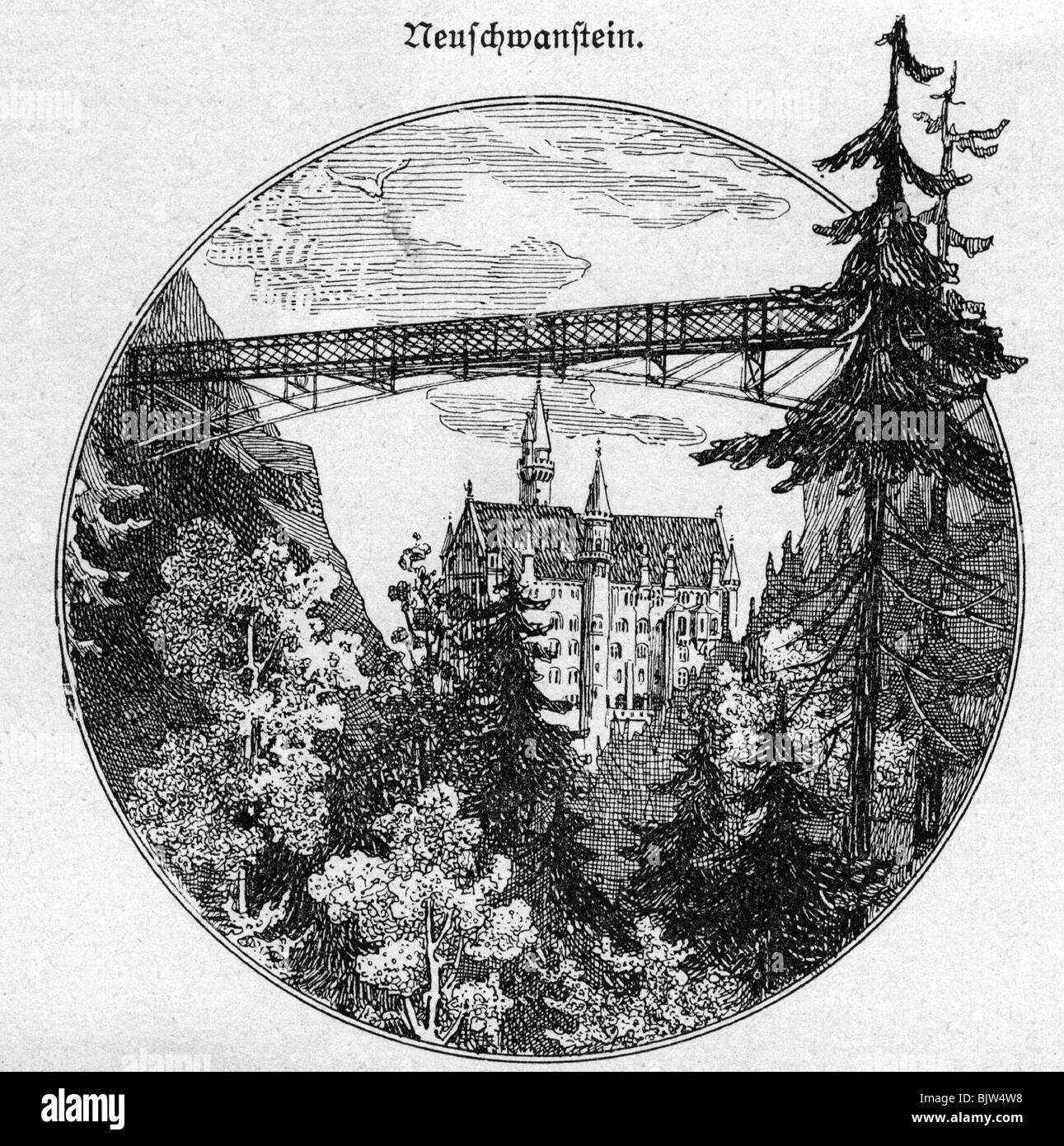 architecture, castles, Germany, Bavaria, Neuschwanstein Castle, former private bridge of Louis II in the foreground, wood engraving, 19th century, historic, historical, bridges, bridge doesn't exist anymore, Upper Bavaria, Alps, people, Stock Photo