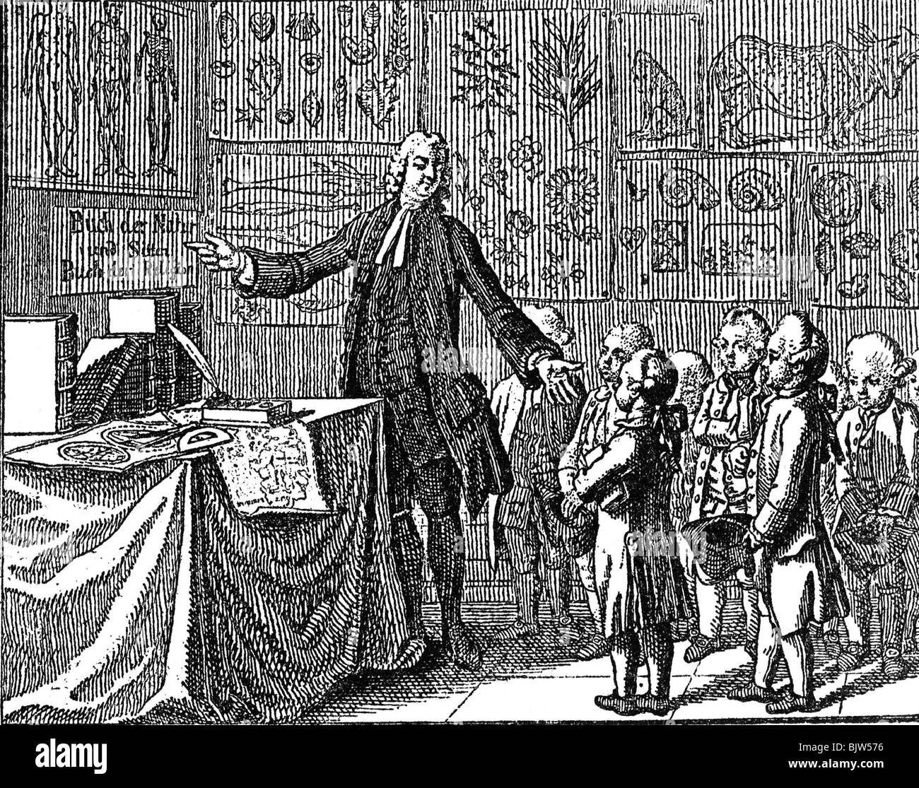 education, natural science lesson, copper engraving by Daniel Chodowiecki (1726 - 1801), 18th century, historic, historical, teacher, pupils, students, schoolchildren, pictures, objects, instruments, pedagogy, paedagogy, Stock Photo
