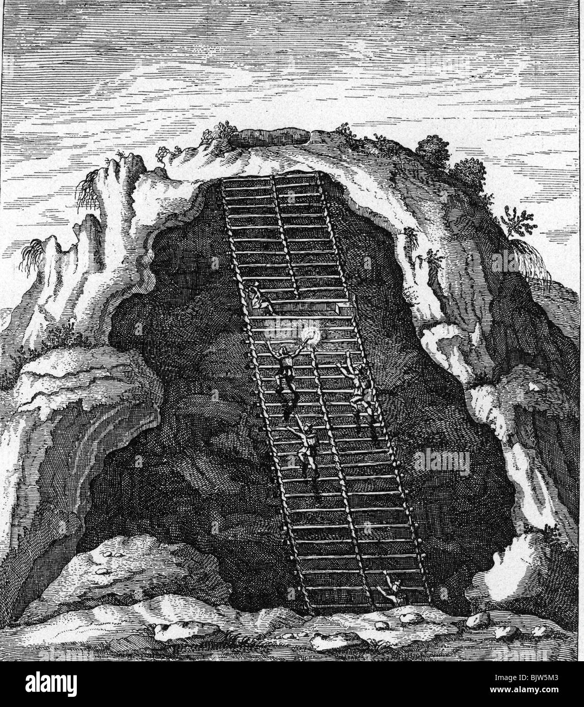 mining, shafts / adits, entrance to a mine in Bohemia, woodcut after Athanasius Kircher, 1665, Stock Photo