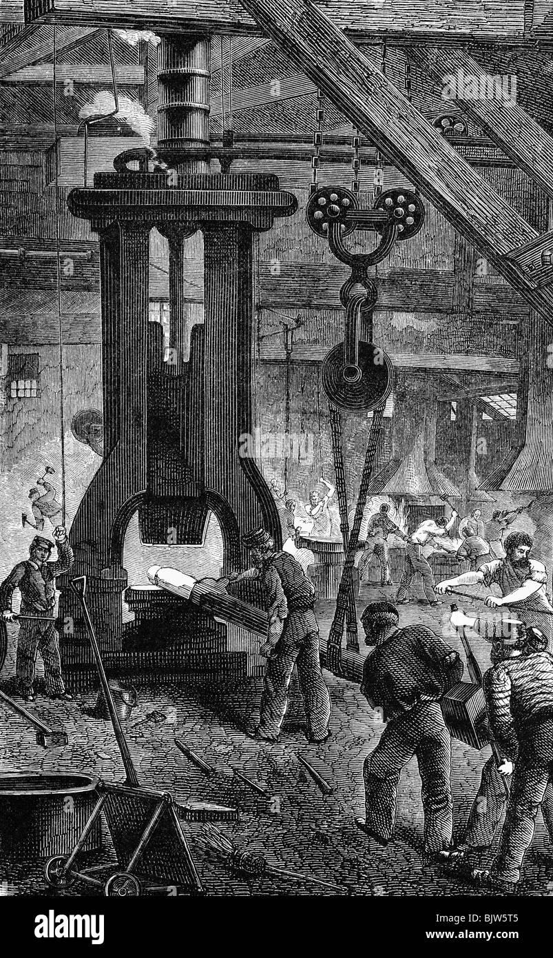 industry, metal, working on metal with a stam hammer, wood engraving, 19th century, steam power, machine, technics, industrialisation, people, worker, works, historic, historical, Stock Photo