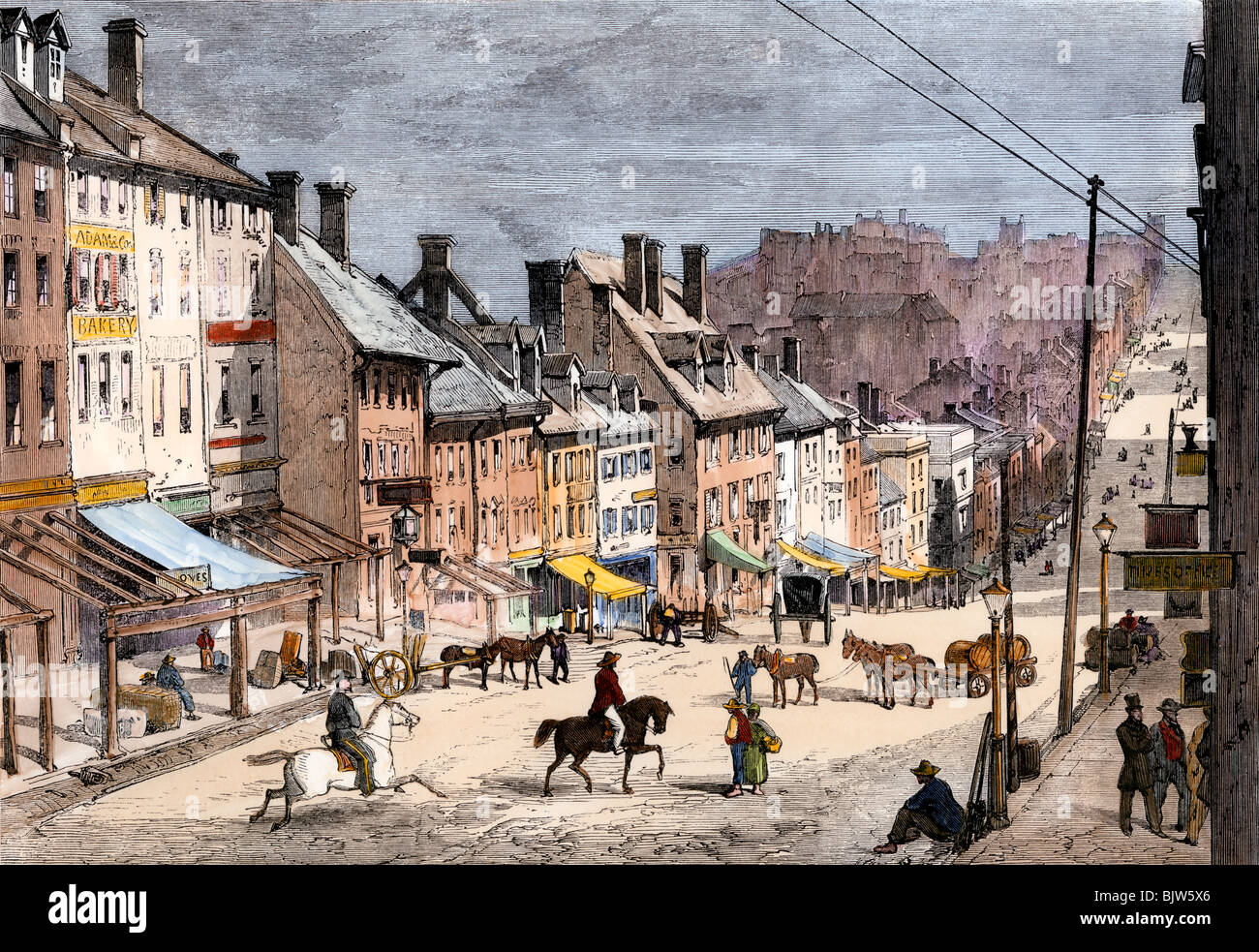High Street in Richmond, Virginia, during the Civil War, 1862. Hand-colored woodcut Stock Photo
