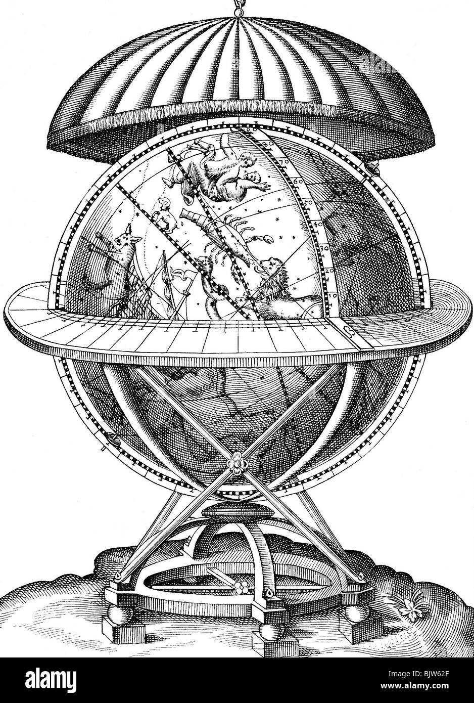 astronomy, instruments, celestial globe, illustration, after 'Astronomie instauratae mechania' by Tycho Brahe, 1602, Stock Photo