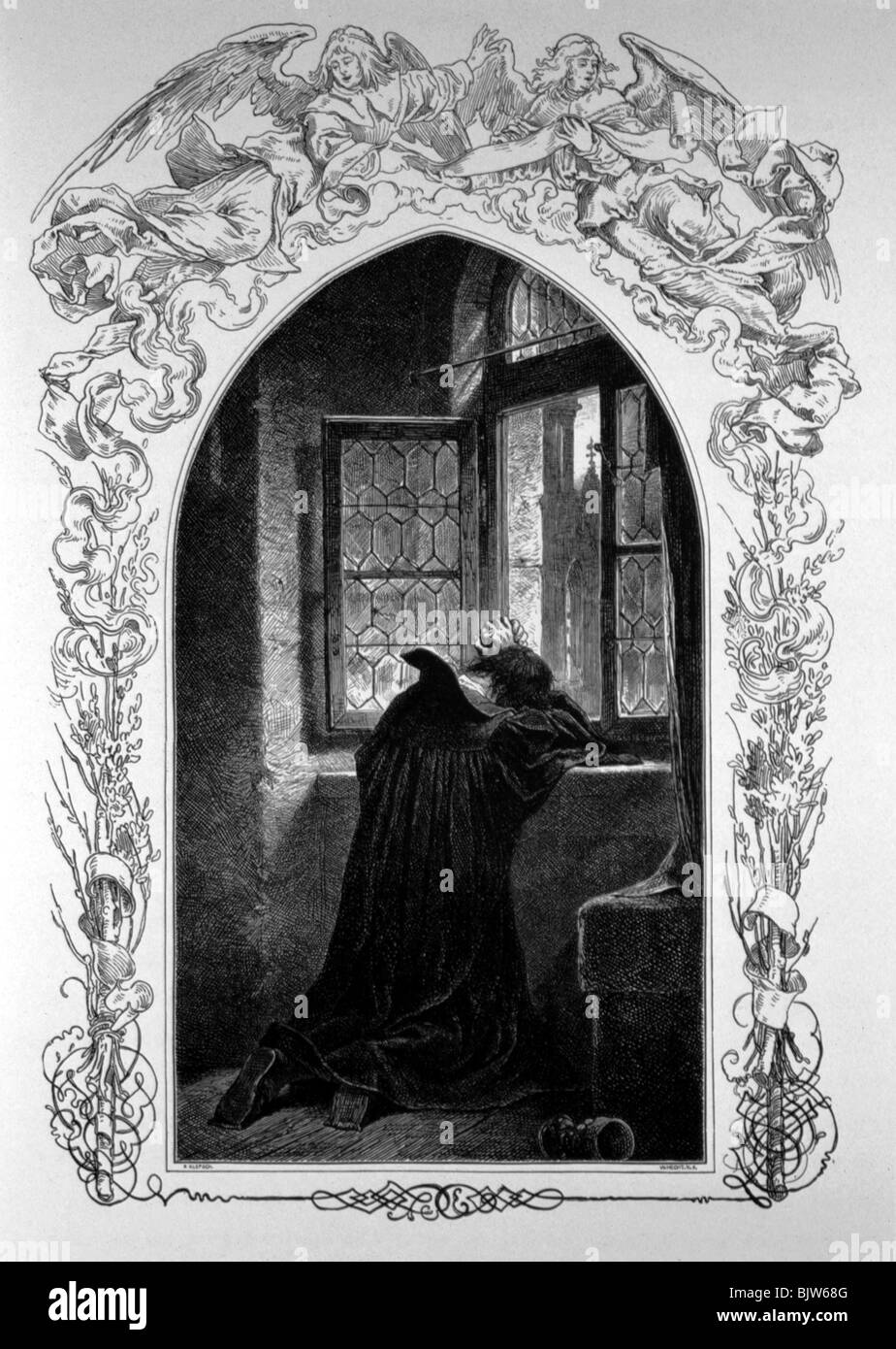 literature, 'Faust I', 1st scene, 'Study', scene with Faust, wood engraving by Alexander Liezen Mayer, circa 1870, Stock Photo