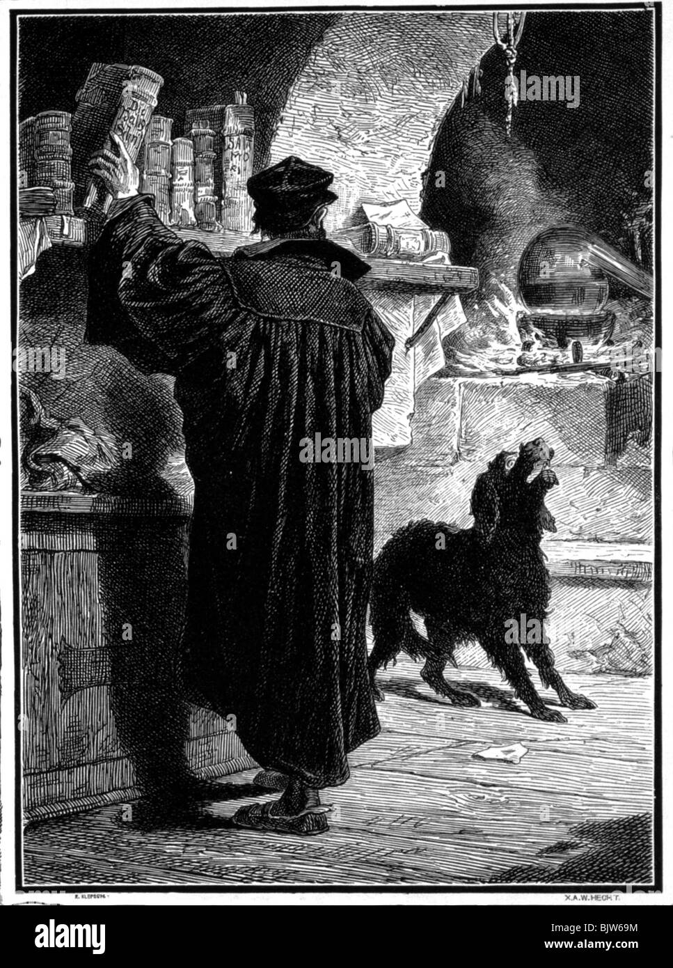 literature, 'Faust I', 3rd scene, 'Study', scene with Faust and poodle, woodcut by W. Hecht, circa 1870, Stock Photo