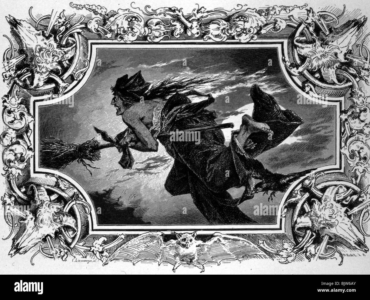 literature, 'Faust I', 6th scene, 'Witch's kitchen', scene with witches riding on witches' broom, woodcut by W. Hecht, circa 1870, , Stock Photo