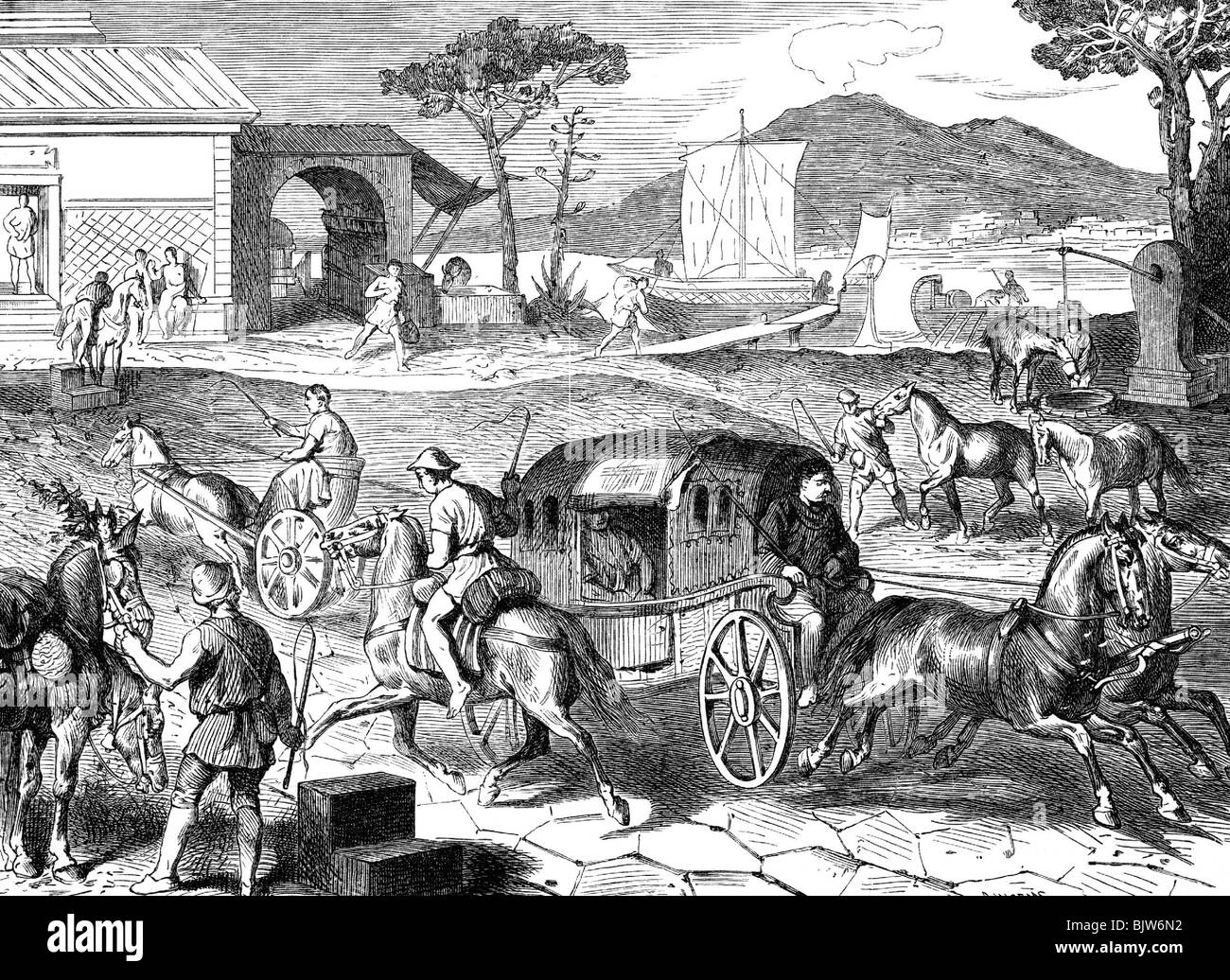 mail / post, ancient world, Roman state mail (Cursus publicus), messenger and carriage, wood engraving after drawing by E. Burger, historic, historical, mail coach, mail coaches, traffic / transport, transportation, delivering, delivery, deliveries, communication, message, messaging, monopoly, absolute monopoly, ancient world, people, Stock Photo