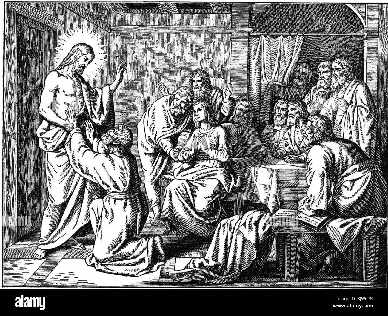 religion, biblical scenes, 'The resurrected Saviour and the Holy Thomas', wood engraving, 19th century, Stock Photo
