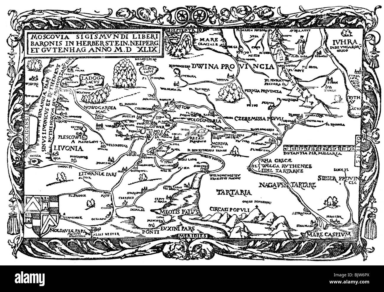 cartography, maps, Europe, Russia, Grand Duchy of Moscow, woodcut, 'Rerum Moscoviticarum comentarii' by Siegmund von Herberstein, 1549, , Stock Photo