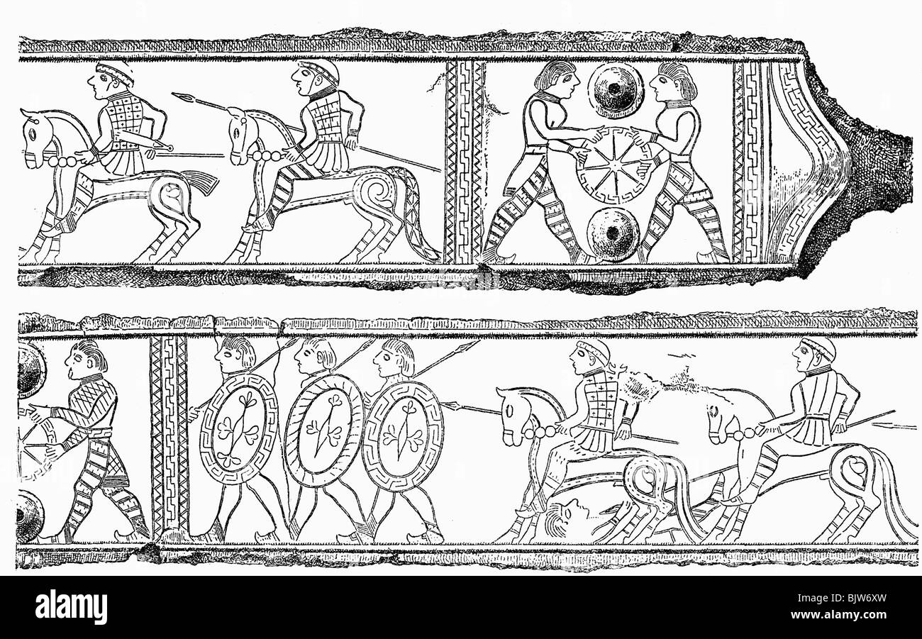ancient world, Celts, warriors, scabbard, La Tene culture A (circa 480 - 300 BC), upper part (above), piece of the middle part (below), grave 994, Stock Photo