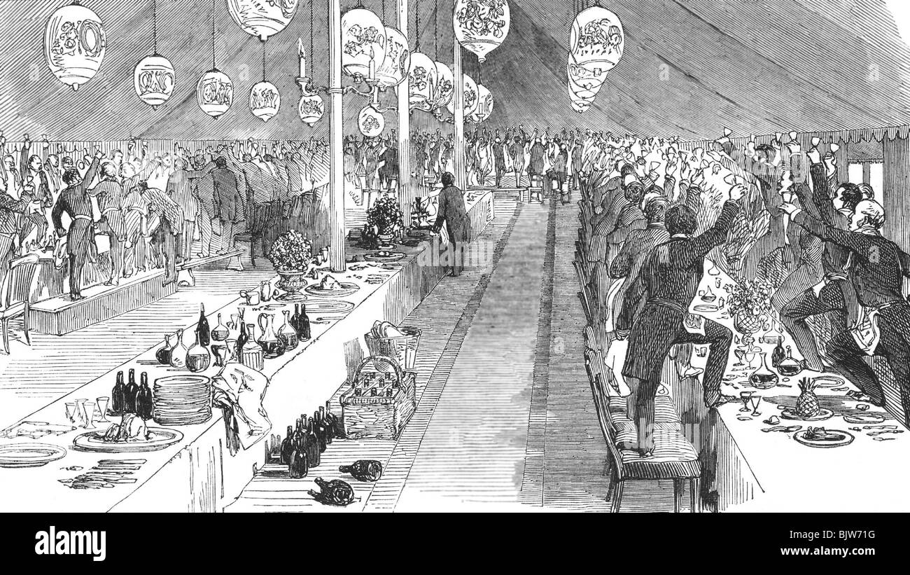 freemasonry, Masonry, banquet of Masonic lodge, saying cheers, wood engraving, 1851, Stock Photo