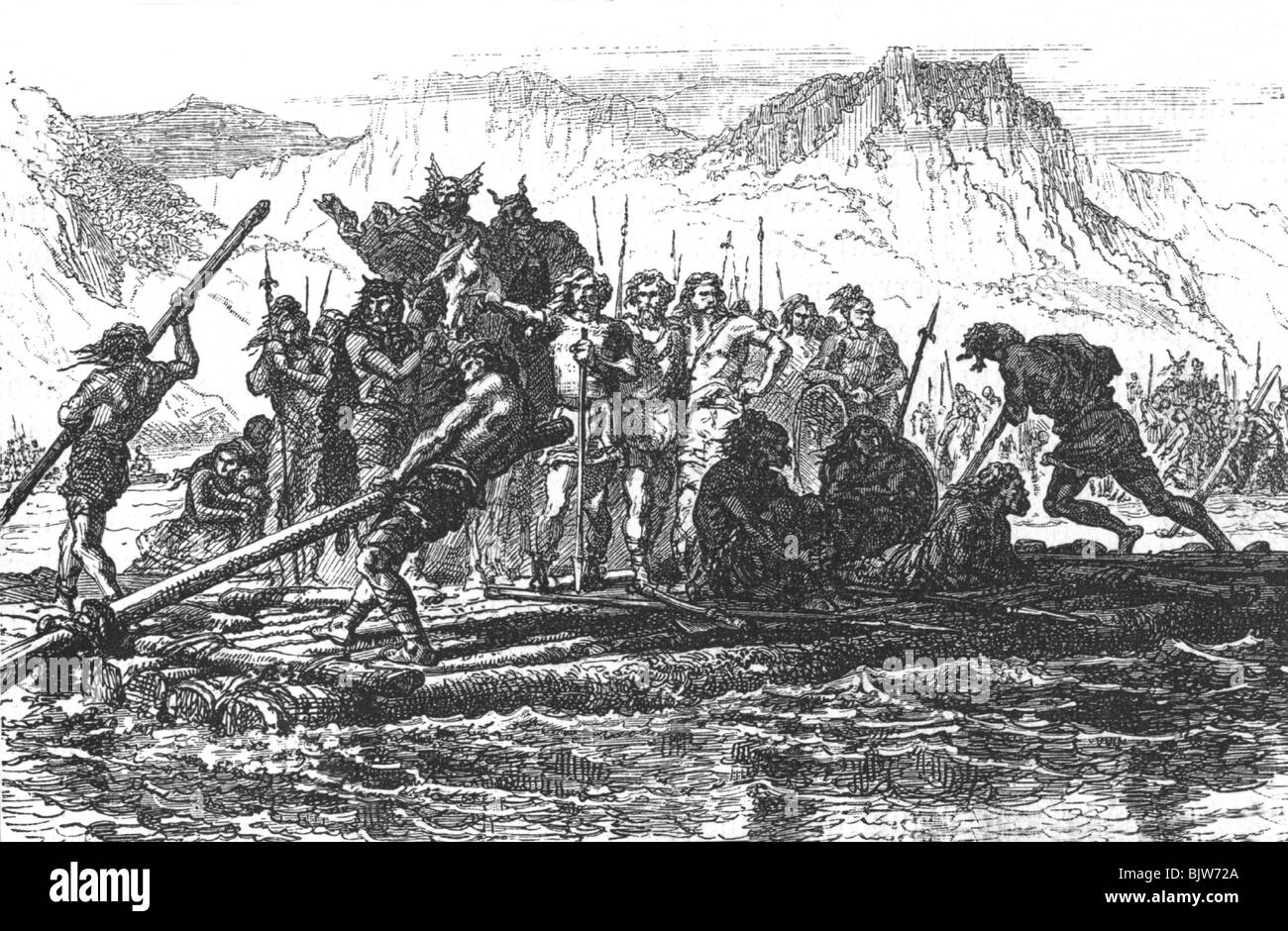ancient world, Germanics, Germanic warriors crossing the Rhine River, wood engraving, 19th century, historic, historical, Roman Empire, float, raft, rafts, border crossing, border crossings, attack, raid, attacks, raids, invasion, invasions, Migration Period, ancient world, people, Stock Photo