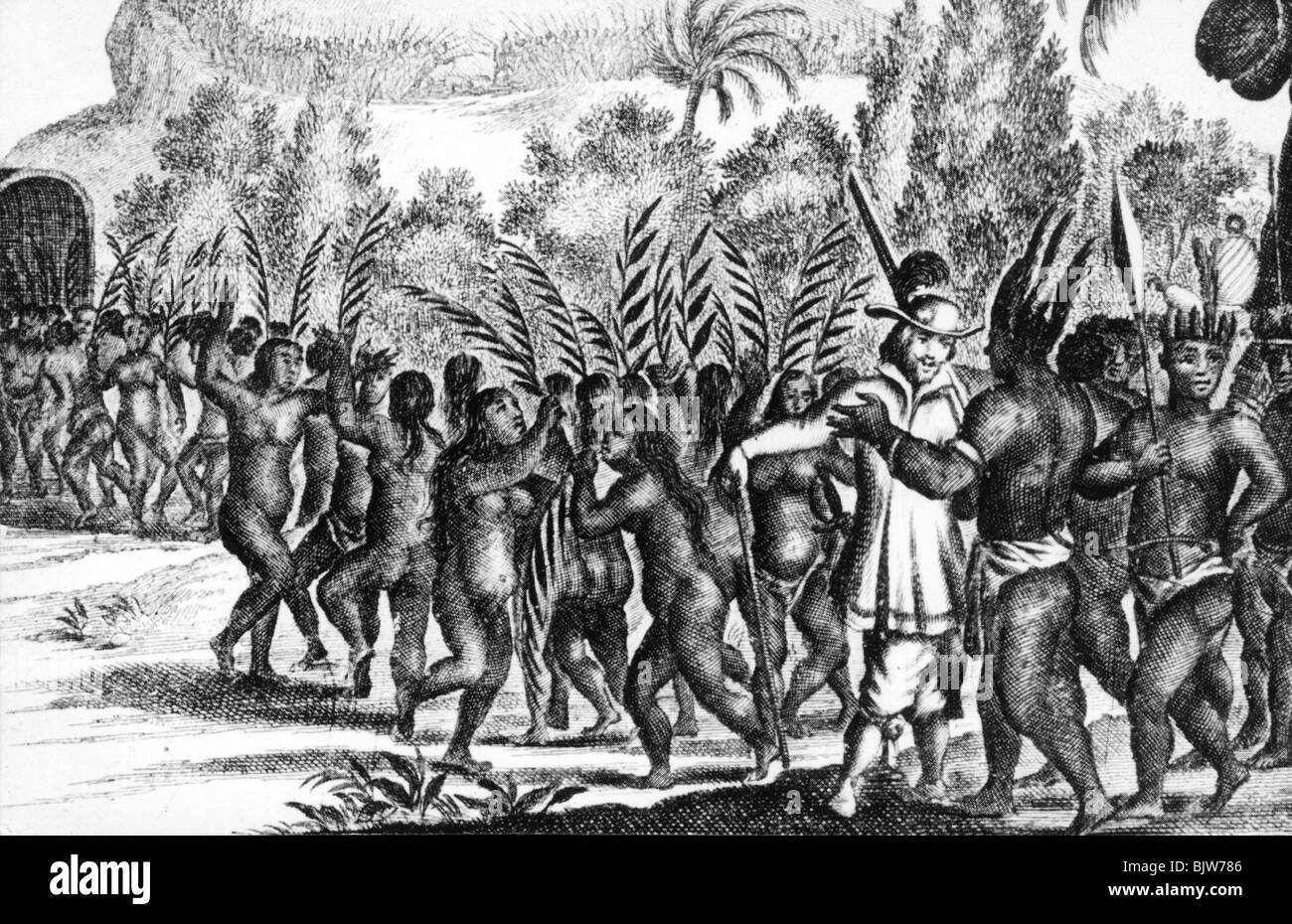 geography / travel, Caribbean, Antilles, people, dancing Indians, woodcut after Olfert Dapper, 17th century, historic, historical, dance, celebration, celebrating, native, indigenous, ethnic, ethnology, Central America, palm leaf, palm leaves, Amerindian, American Indian, Stock Photo