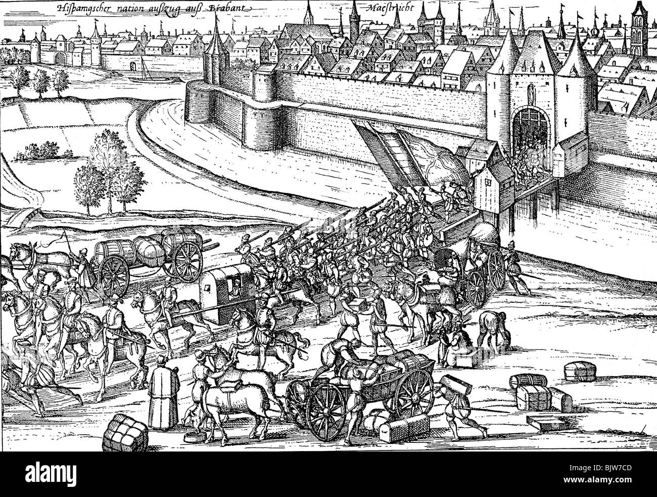 events, Dutch Revolt 1568 - 1648, withdrawal of the Spaniard from Maastricht, 1577, after contemporary copper engraving by Franz Hogenberg, , Stock Photo