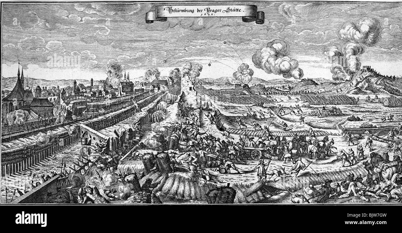 events, Thirty Years War 1618 - 1648, French Intervention 1635 - 1648, Siege of Prague, 1648, charching a rampart, contemporary copper engraving by Carlo Screta, sodiers, attack, charge, trench, redan, handgranate, ravine, cheval de frise, infantry, Swedish Army, Bohemia, Czechia, 17th century, historic, historical, Stock Photo