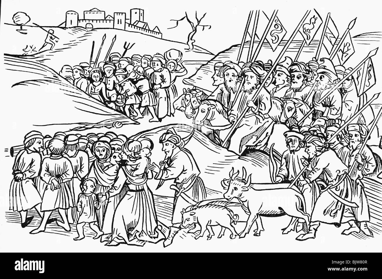 Mongol invasions of Europe 1237 - 1262, Mongols carry off captives from Galicia and Volhynia, woodcut from a Hungarian chronicle, 1488, Poland, Ukraine, Mongols, Mongolians, Golden Horde, army, armies, war, wars, Middle Ages, invasion, slaves, slave, slavery, 13th century, historic, historical, medieval, people, Stock Photo