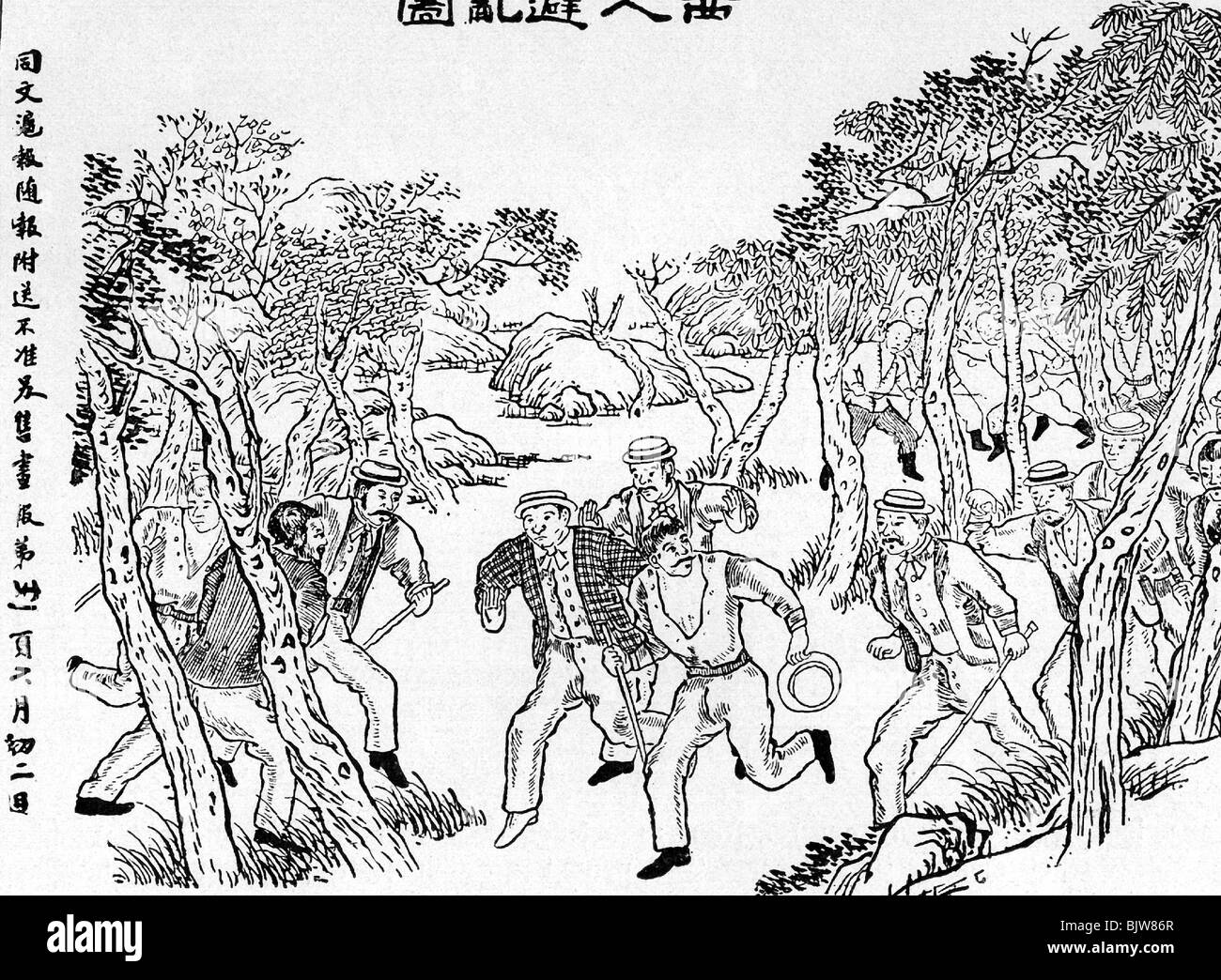 geography / travel, China, Boxer Rebellion 1900, escape of European people, contemporary Chinese woodcut, caricature from newspaper 'Tung Quang Hu Pao', Shanghai, Stock Photo