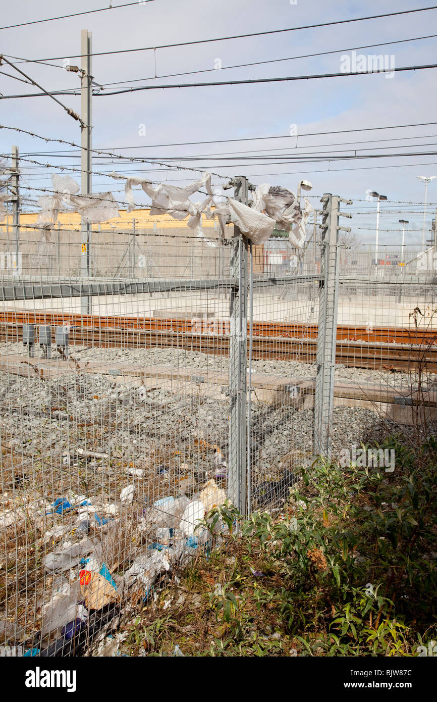 Eurostar train track litter rubbish maintenance north london UK Stock Photo Alamy