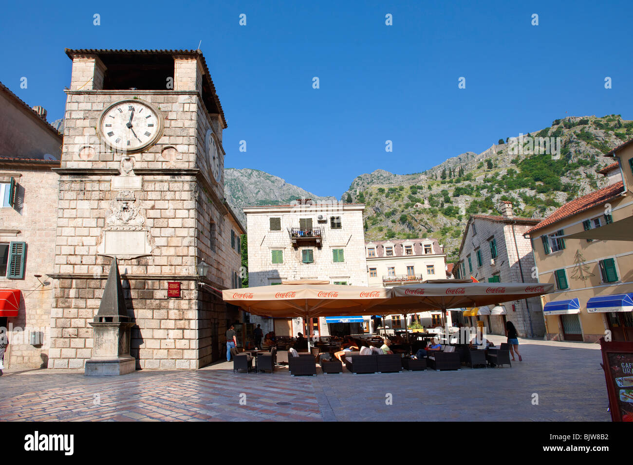 Squares of Arms, the main town square with the clock tower erected in 1602. Kotor, Montenegro. Stock Photo