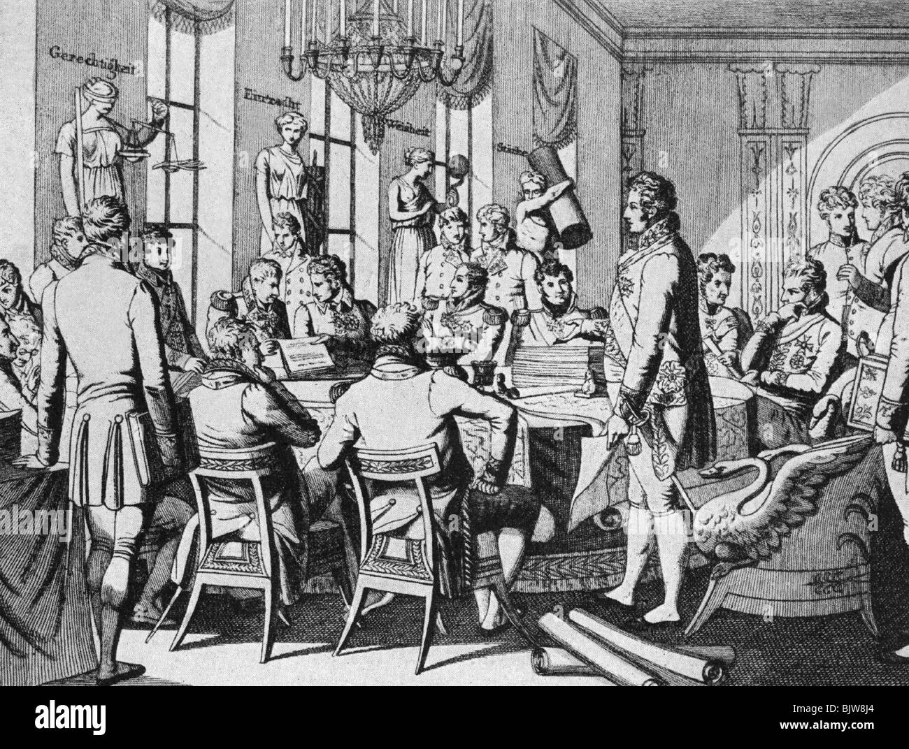 politics, Germany, German Confederation (1815-1866), assembly of the close council of the Federal Assembly, Frankfurt/Main, contemporary copper engraving, circa 1820, Stock Photo