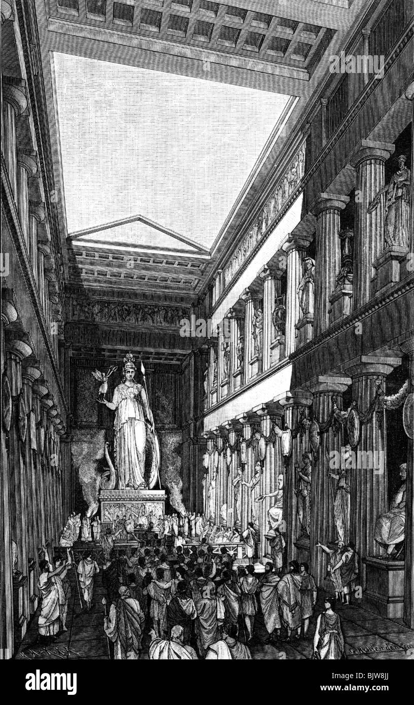 geography / travel, Greece, Athens, acropolis, 'Cella of Parhenon with Phidias statue of Athena-Pallas', engraving, 19th century, , Stock Photo