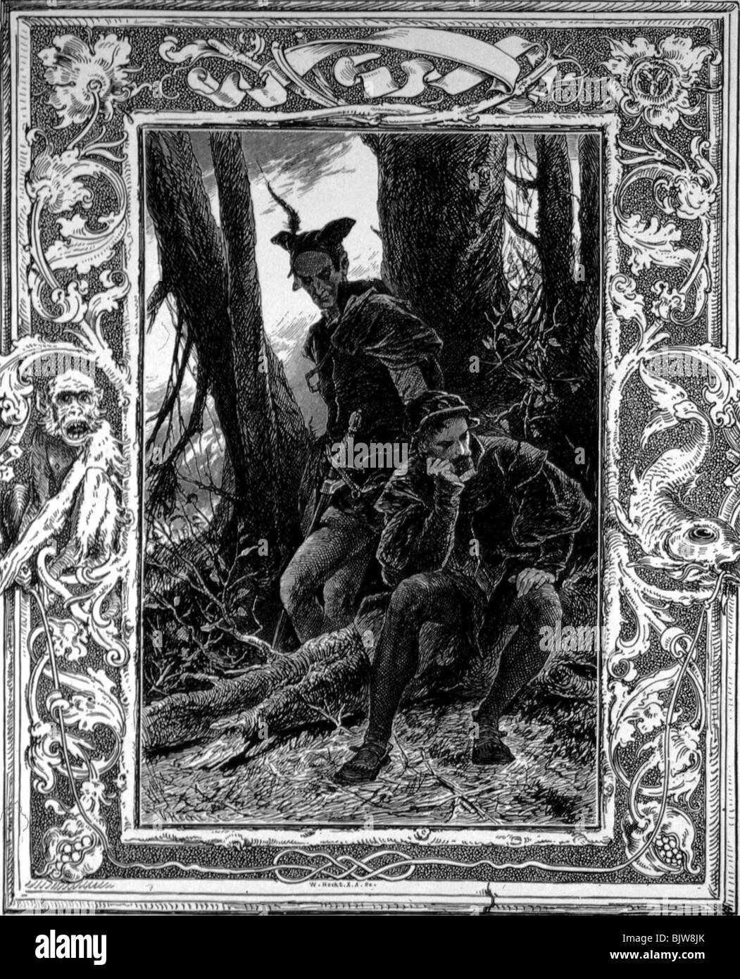 literature, 'Faust I', 23th scene 'Overcast Day', scene with Faust and Mephistopheles, woodcut by W. Hecht, circa 1870, Stock Photo
