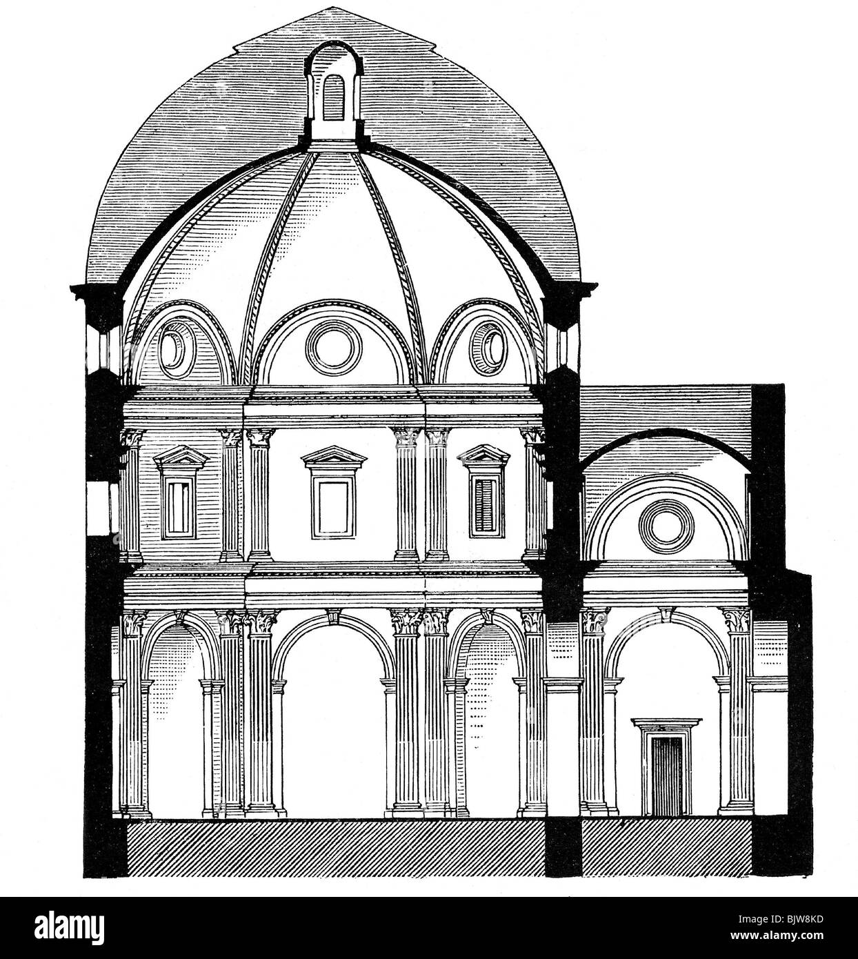 architecture, ground plan, cross section of the sacristy of San Spirrito, Florence, Renaissance, 1489, Stock Photo