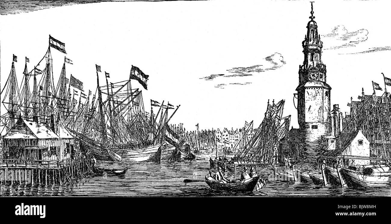 geography / travel, Netherlands, Amsterdam, harbour, herring fleet anchoring, etching by Wenzel Hollar, 17th century, historic, historical, Hanseatic town, Hanse town, Hansa town, Hanseatic towns, Hanse towns, Hansa towns, member of the German Hanse League, fishery, fishing, fisheries, industrial fishing, commercial fishing, fleet, fleets, fishing boats, ships, transportation, trade, tower, Central Europe, people, Stock Photo
