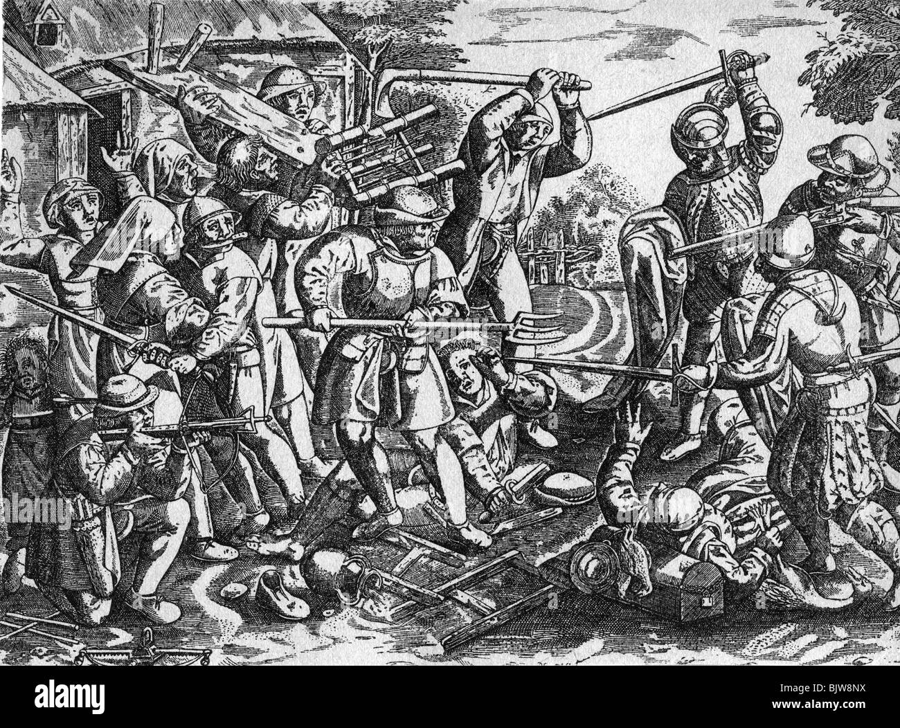 events, German Peasants' War, 1524 - 1526, soldiers attacking a farmstead, copper engraving by Domenicus Custos (circa 1560 - 1612), 16th century, historic, historical, Germany, 1525, attack, fight, fighting, defending, weapons, arms, peasants, uprising, revolt, people, Stock Photo