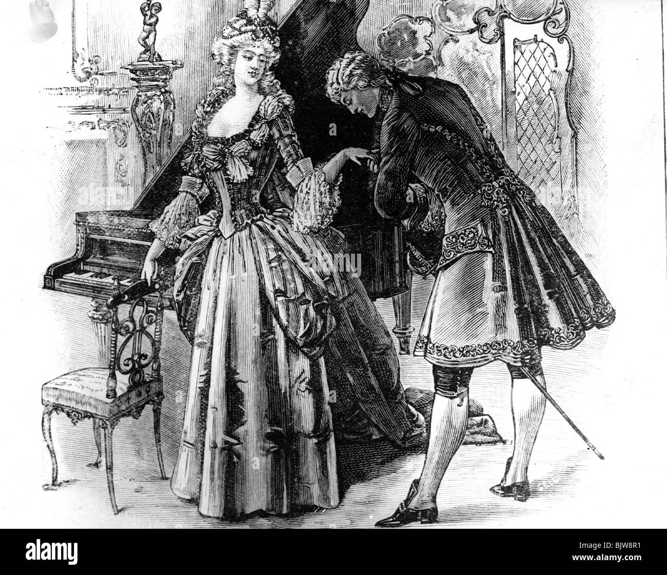 people, couples, lovers, kiss on the hand, late 18th century, fashion, historic, historical, piano, Stock Photo