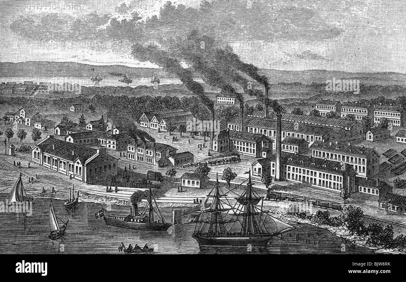 industry, factories, matchstick factory Tidaholm, Jönköping, Sweden, contemporary wood engraving, 19th century, historic, historical, Swedish, match, matchstick, matches, matchsticks, plant, plants, ship, ships, jetty, pier, chimney, chimneys, Northern Europe, Scandinavia, industrialization, industrialisation, company ground, people, Stock Photo