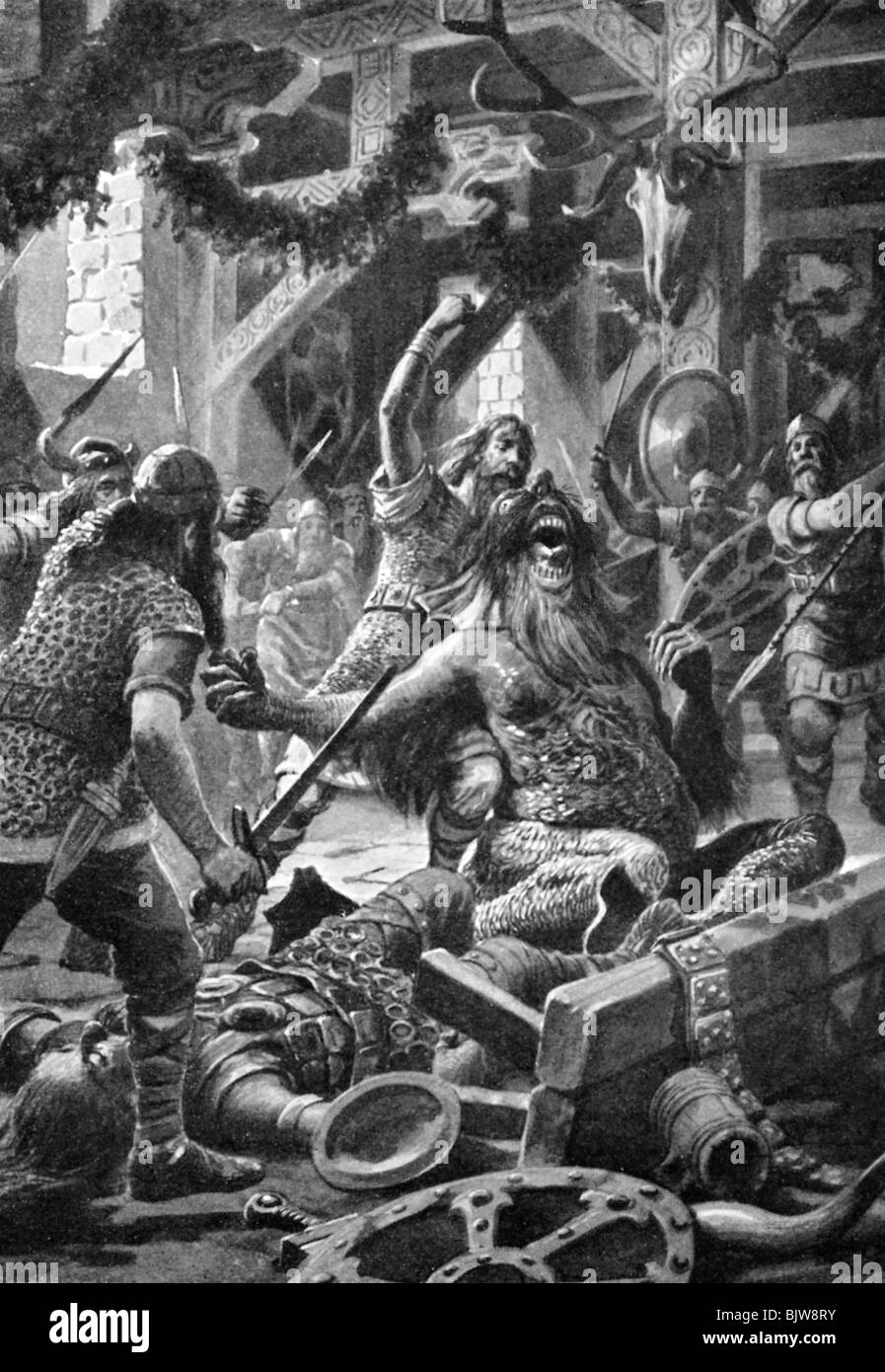 literature, nordic saga, 'Beowulf', Old English heroic epic from 8th century, illustration by Hans W. Schmidt, 1904, Beowulf and Grindel, the monster, Stock Photo