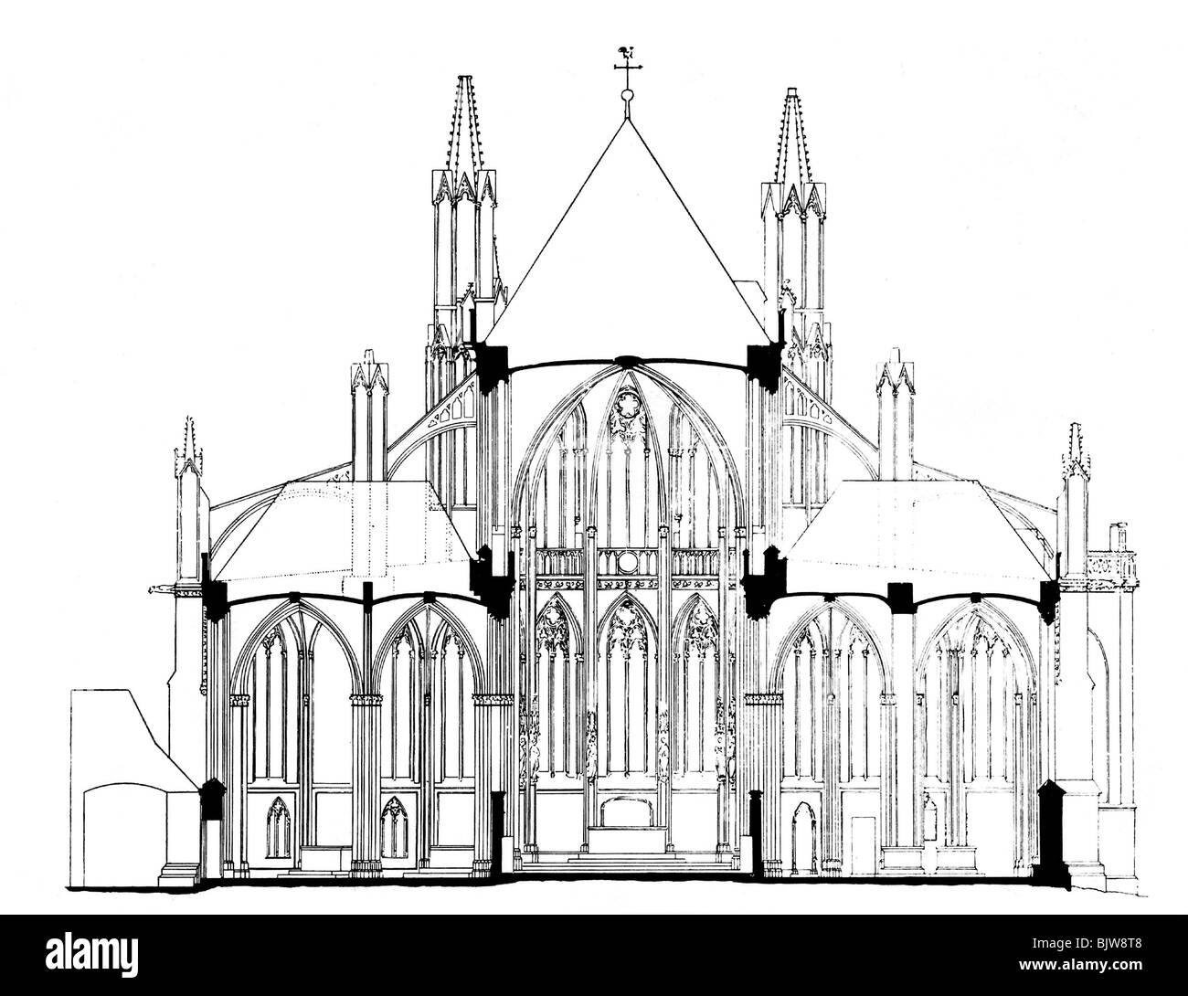 architecture, ground plan, cross section of a gothic cathedral, drawing, historic, historical, floor plans, nave, central aisle, vertical section, sacred building, sacred buildings, Stock Photo