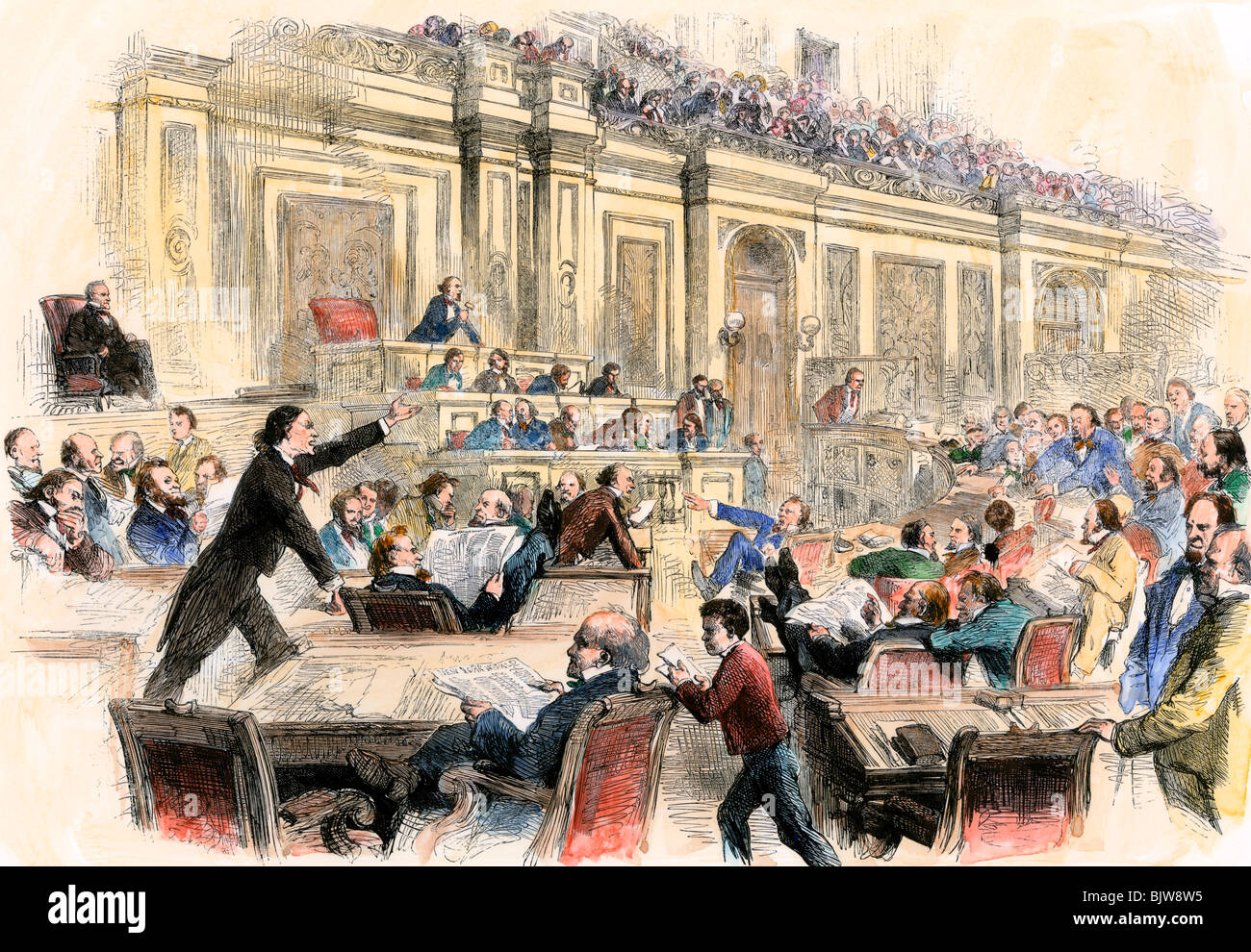 Impassioned debate in the House of Representatives, December 1860 to January 1861. Hand-colored woodcut Stock Photo