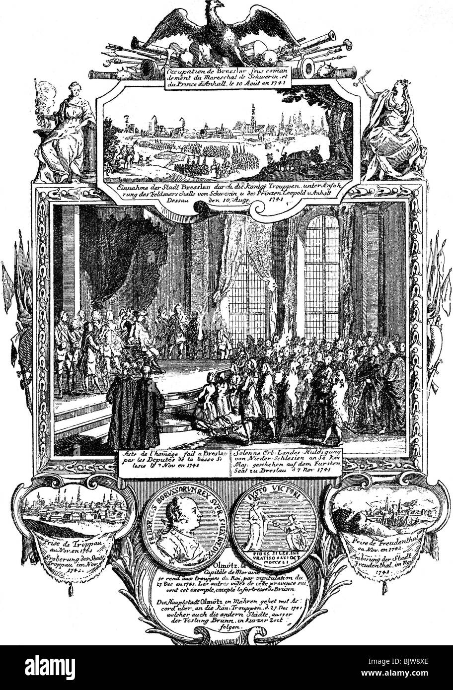 events, War of the Austrian Succession 1740 - 1748, memorial page on the occupation of Silesia, 1742, contemporary copper engraving, , Stock Photo