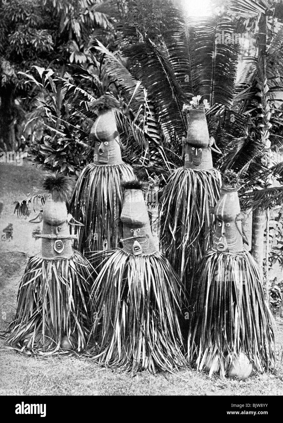 Masks possessing magical qualities, Bismarck Archipelago, Papua New Guinea, 1920.Artist: Strecker and Schroder Stock Photo